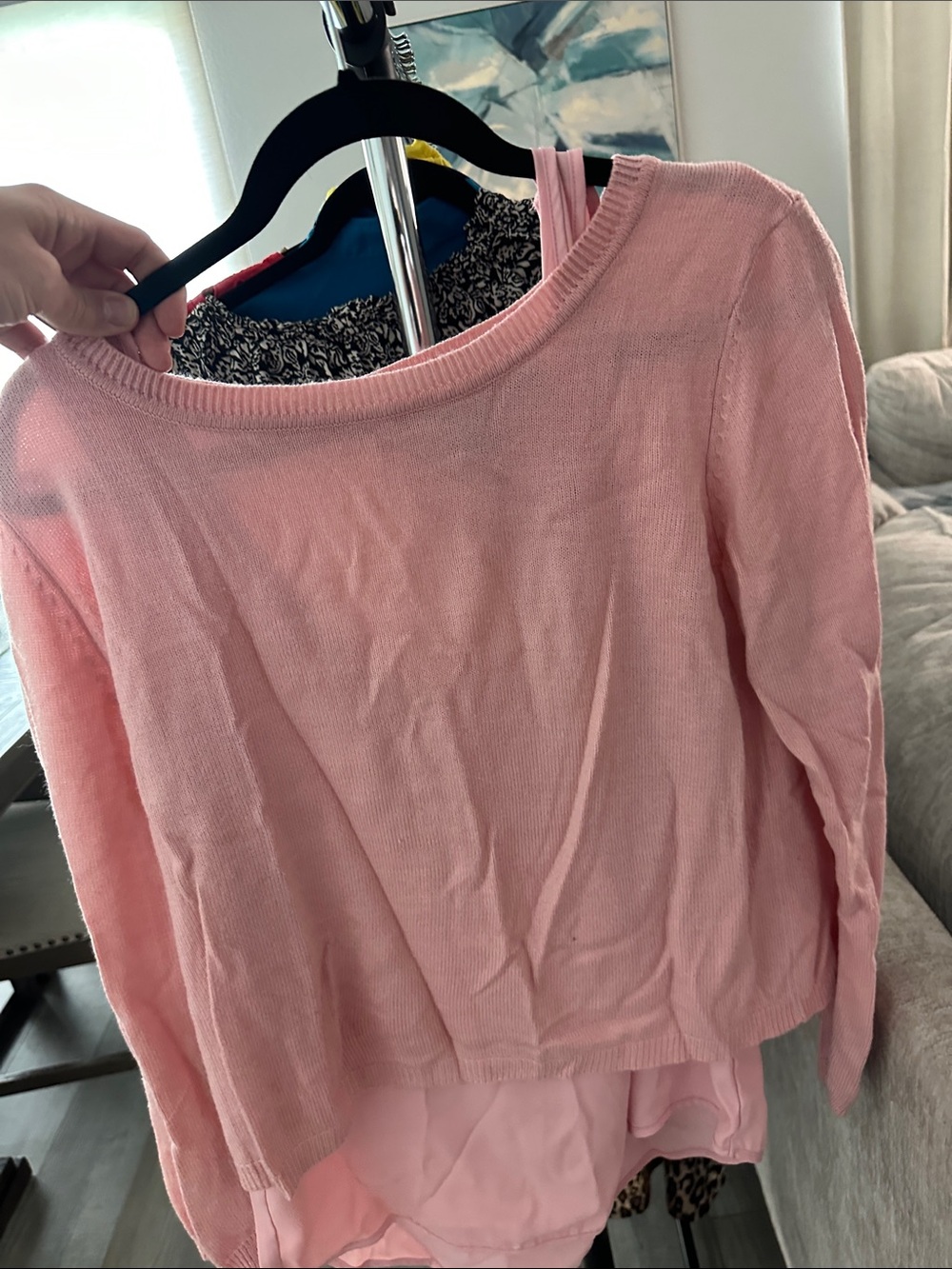 89th & Madison Pink Layered Knit Sweater with Chiffon Hem